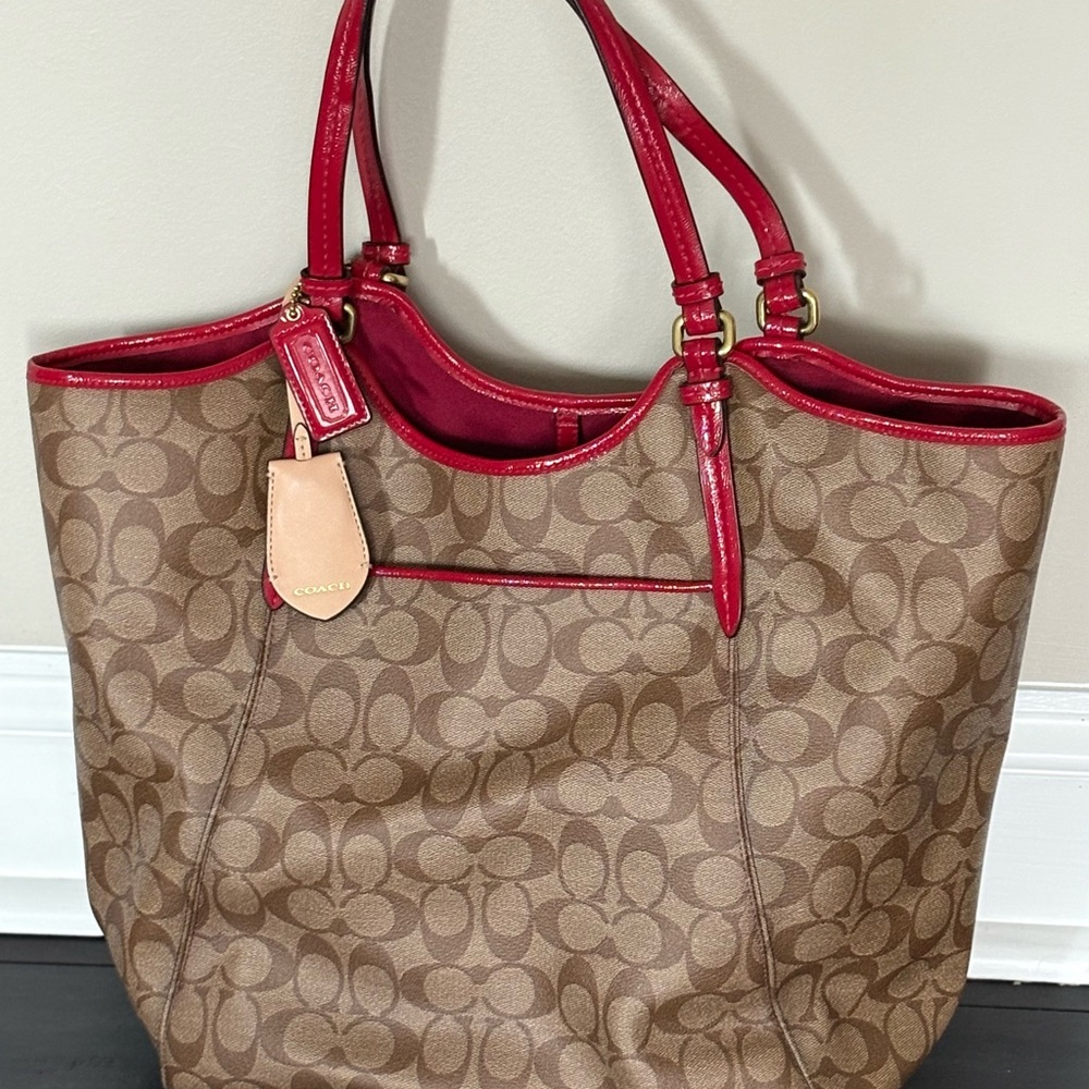 Coach Brown and Red Signature Tote with Monogram Pattern